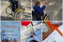 Collage zeigt Bilder vom Rollstuhlparcours, dem Stand von Access und Karikaturen der einzelnen Stationen.