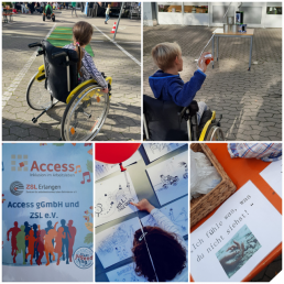 Collage zeigt Bilder vom Rollstuhlparcours, dem Stand von Access und Karikaturen der einzelnen Stationen.