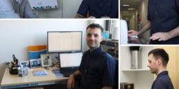 Die Collage zeigt Jobcoach Thomas Dirr und Büro- und Serviceassistent Victor Jurjac im Zweiergespräch sowie Victor Jurjac lächelnd am Computerarbeitsplatz, konzentriert am Kopierer und an der Kaffeemaschine.