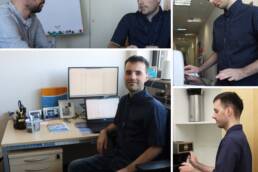 Die Collage zeigt Jobcoach Thomas Dirr und Büro- und Serviceassistent Victor Jurjac im Zweiergespräch sowie Victor Jurjac lächelnd am Computerarbeitsplatz, konzentriert am Kopierer und an der Kaffeemaschine.